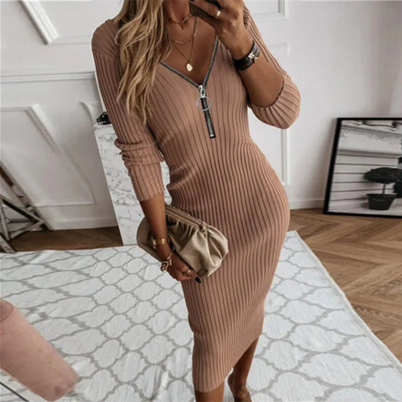 Long Sleeve Zipper Ribbed Knit Dress