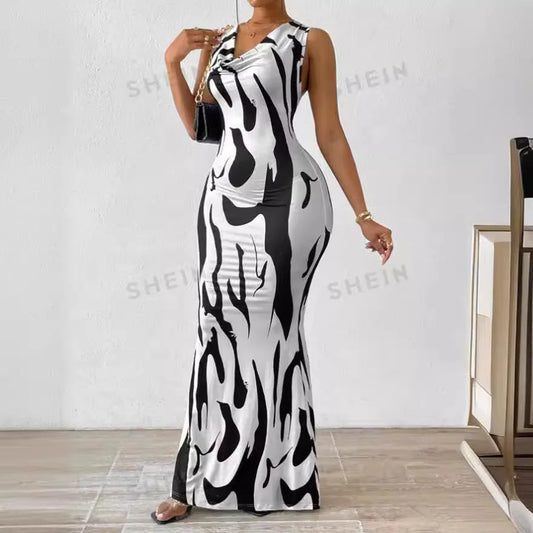 Summer Print Sleeveless Pile Collar Slim Maxi Dress