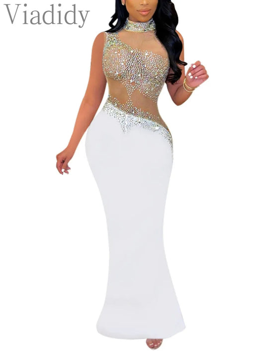 Elegant Crystal Diamonds Sleeveless Open Back See Through Dress