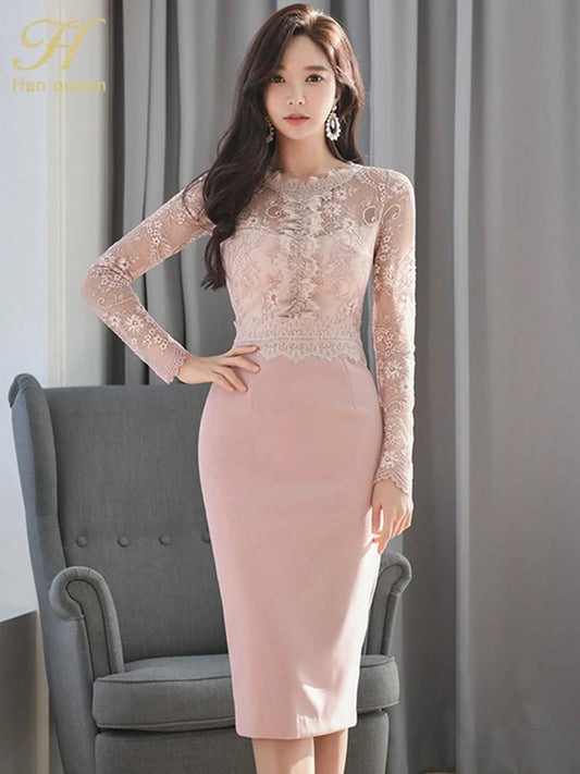 Spring Retro Lace Women Office Work Dress