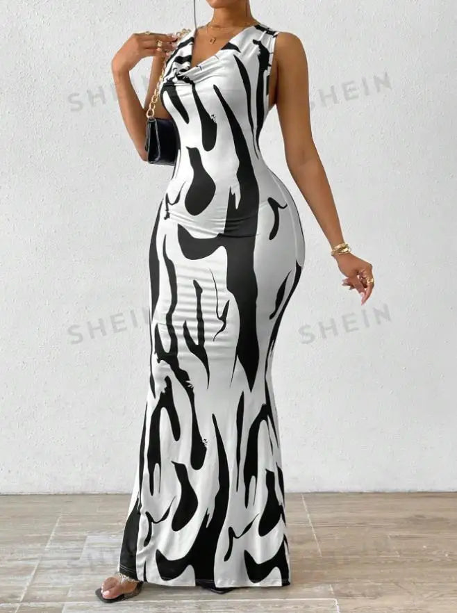 Summer Print Sleeveless Pile Collar Slim Maxi Dress