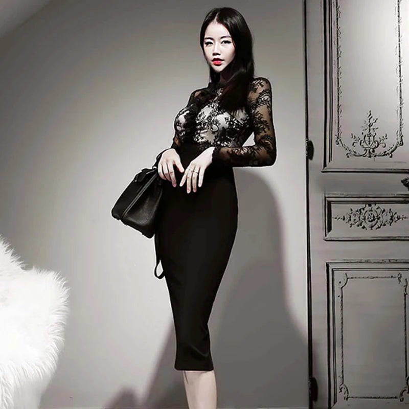Spring Retro Lace Women Office Work Dress