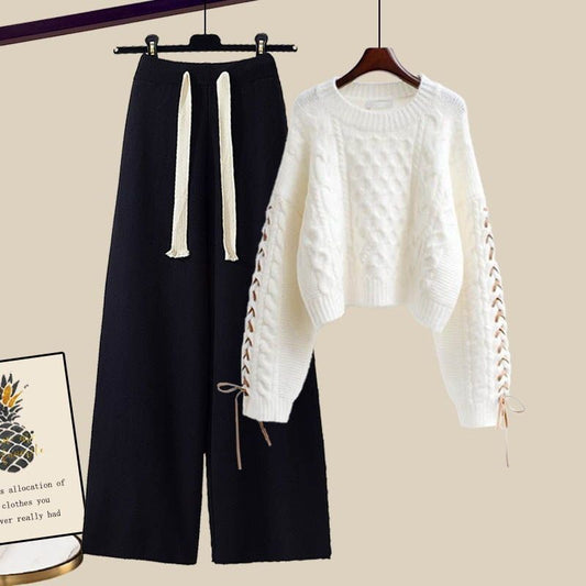Fashion Knitted Sweater+Loose Wide Leg Pants Two-piece Set