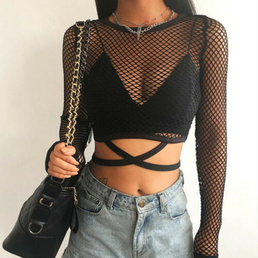 Long Sleeve See-through Fishnet Tops