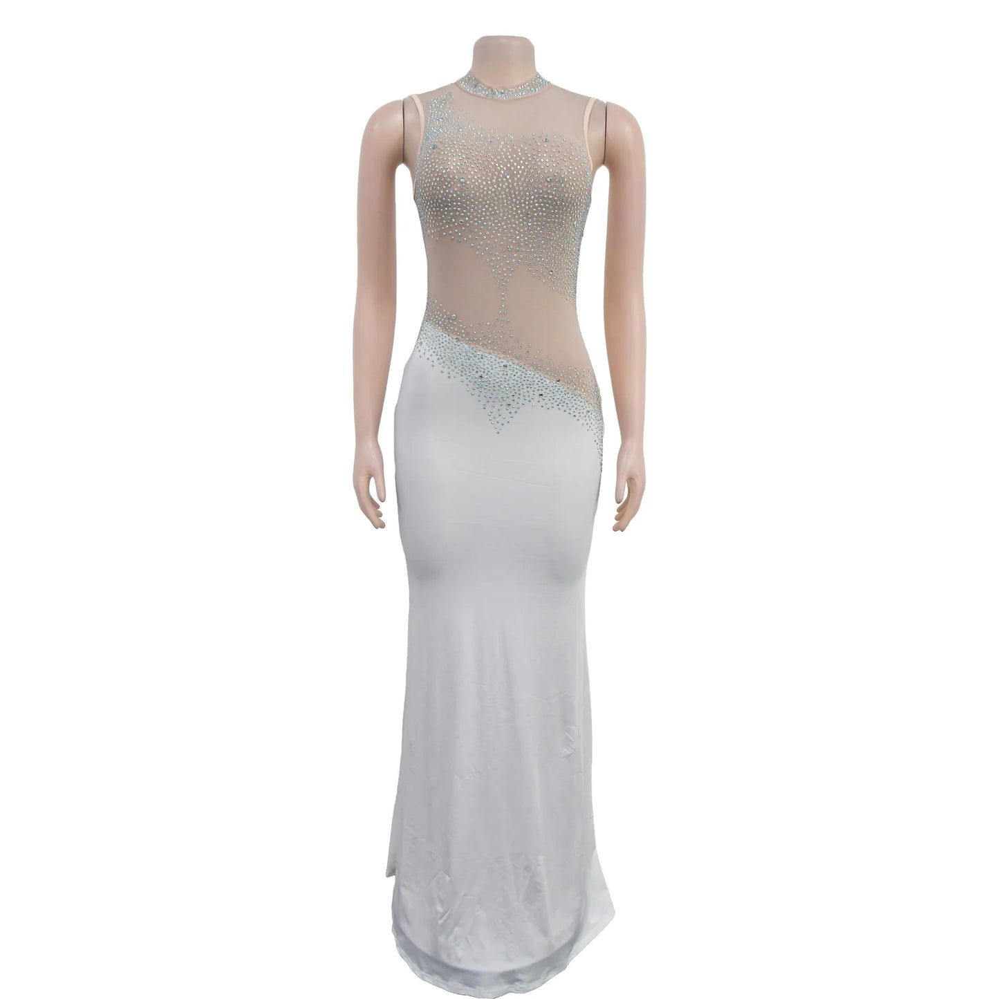 Elegant Crystal Diamonds Sleeveless Open Back See Through Dress