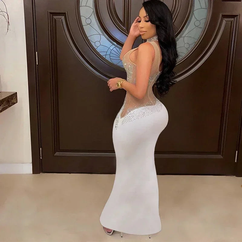 Elegant Crystal Diamonds Sleeveless Open Back See Through Dress