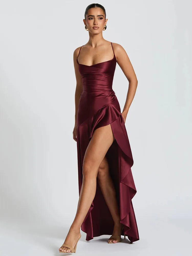Elegant Spaghetti Strap Satin Split Maxi Dress