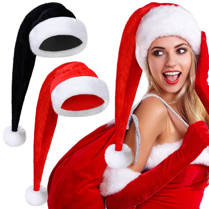 Extra-Long Velvet Christmas Plush Santa Hats Black & Red
