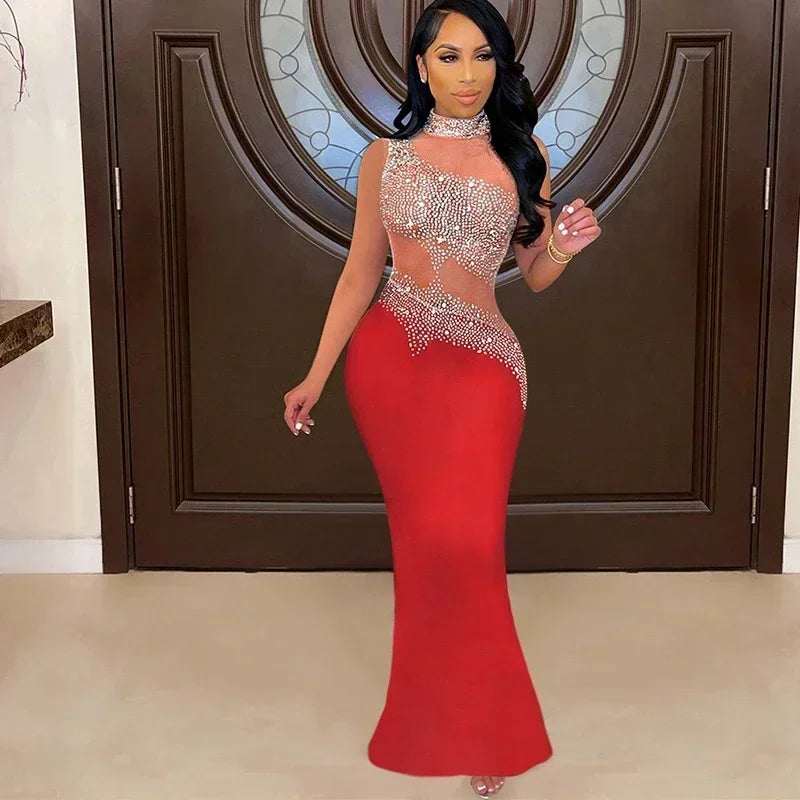 Elegant Crystal Diamonds Sleeveless Open Back See Through Dress