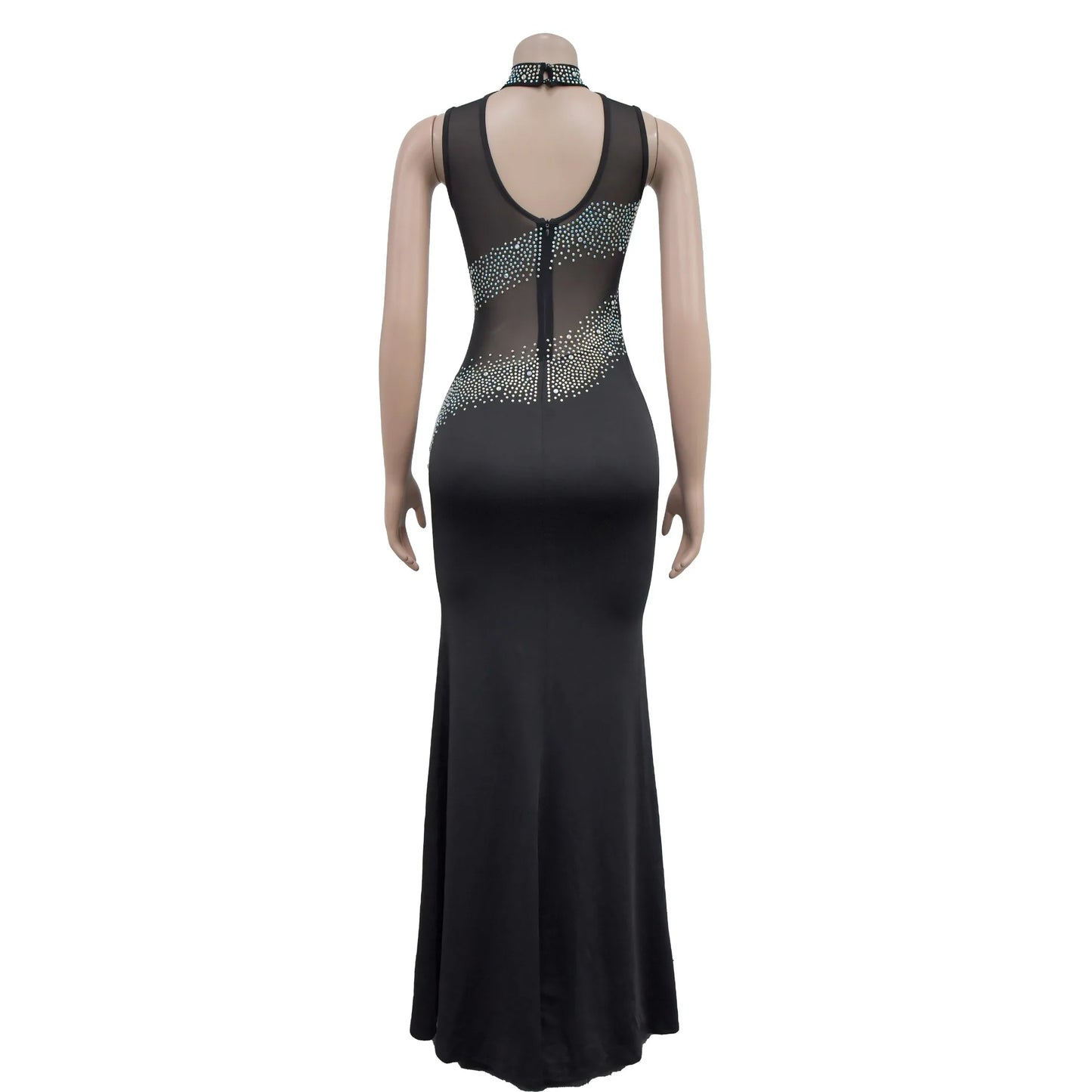 Elegant Crystal Diamonds Sleeveless Open Back See Through Dress