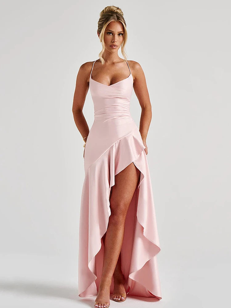 Elegant Spaghetti Strap Satin Split Maxi Dress
