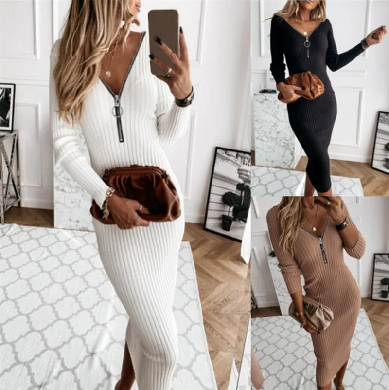 Long Sleeve Zipper Ribbed Knit Dress