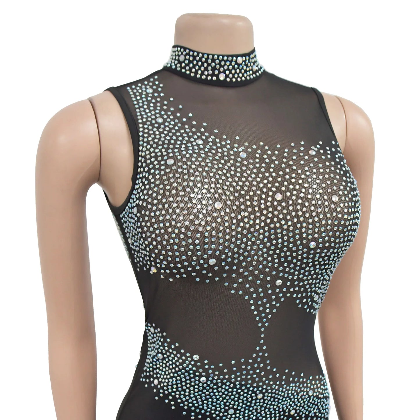 Elegant Crystal Diamonds Sleeveless Open Back See Through Dress