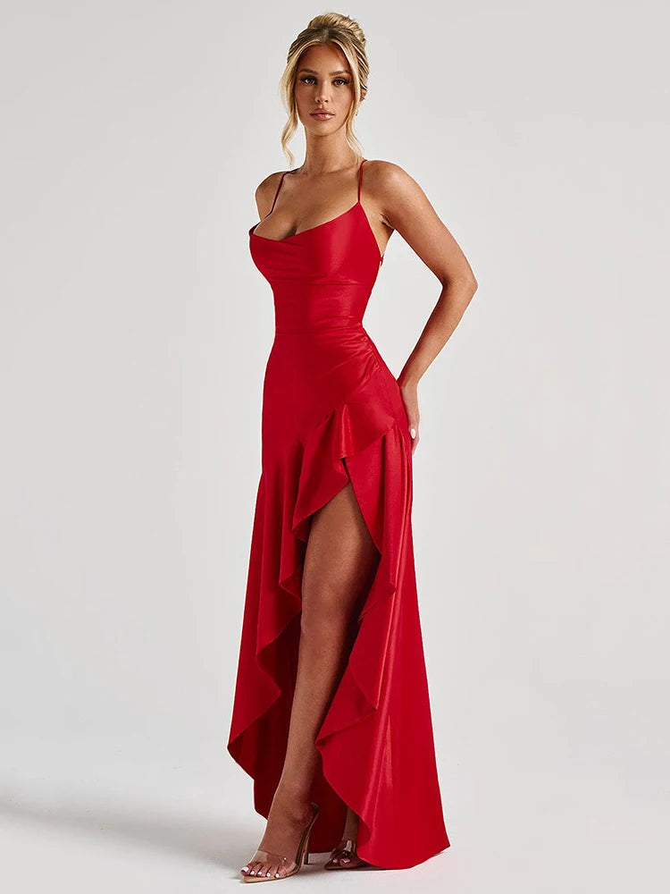 Elegant Spaghetti Strap Satin Split Maxi Dress