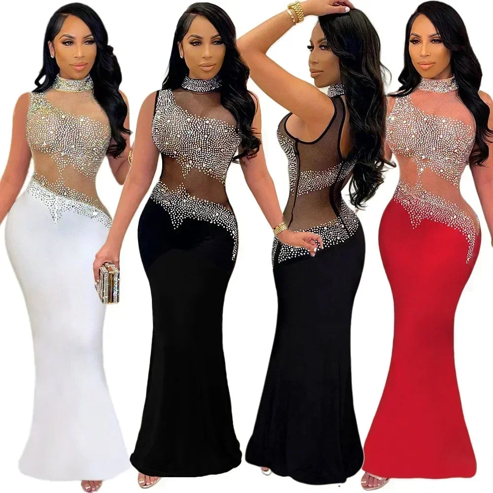 Elegant Sheer Mesh Crystal Diamonds One Sleeve Evening Dress