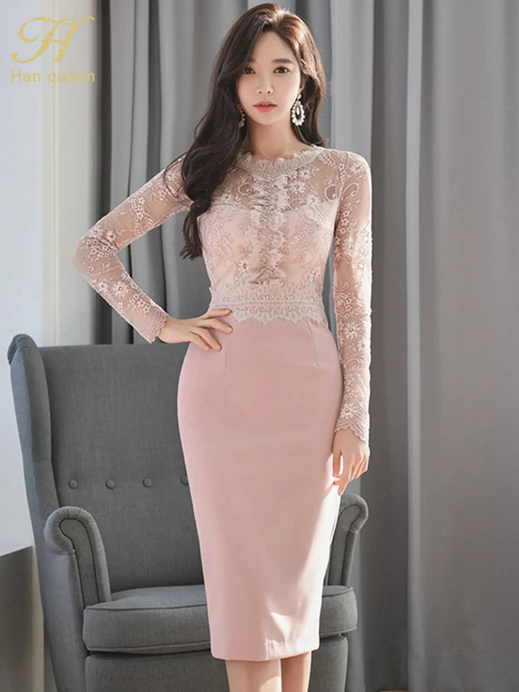 Spring Retro Lace  Women Office Work Dress
