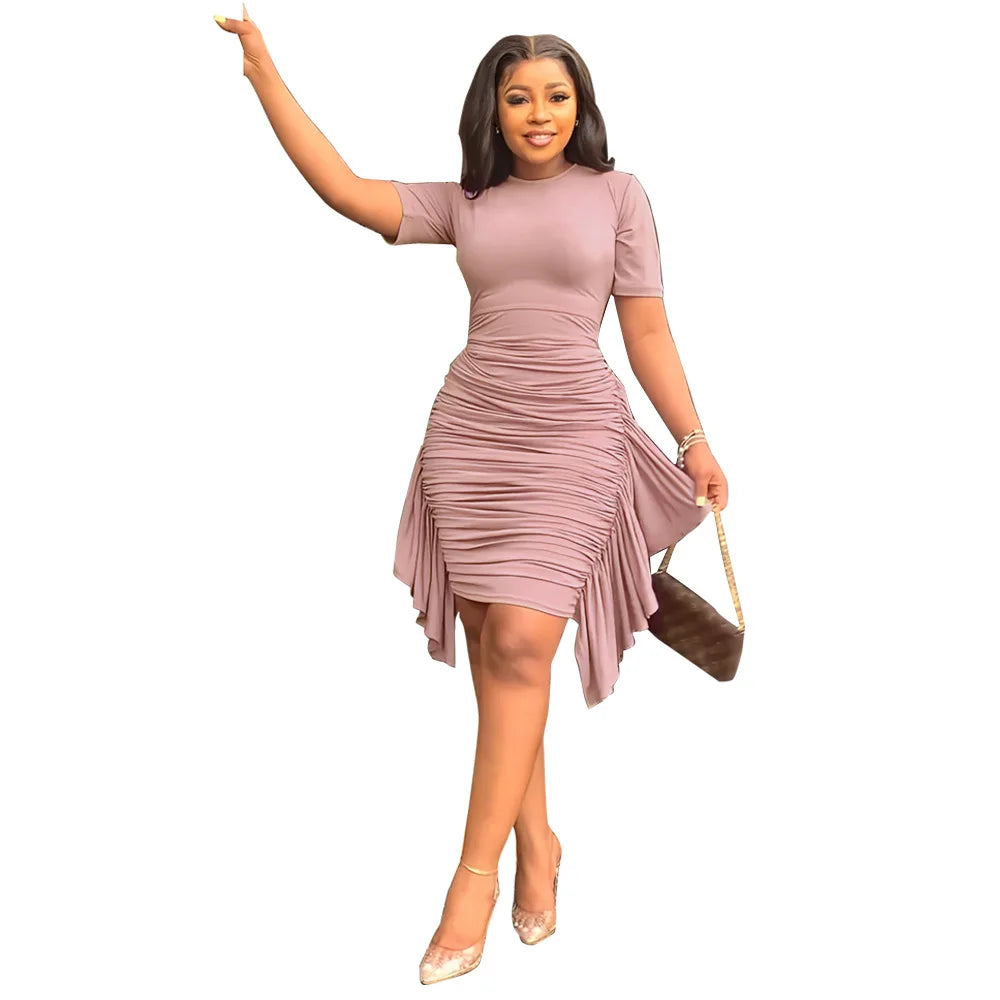 Short Sleeve O-neck Ruffled Skinny Slim Evening Dress