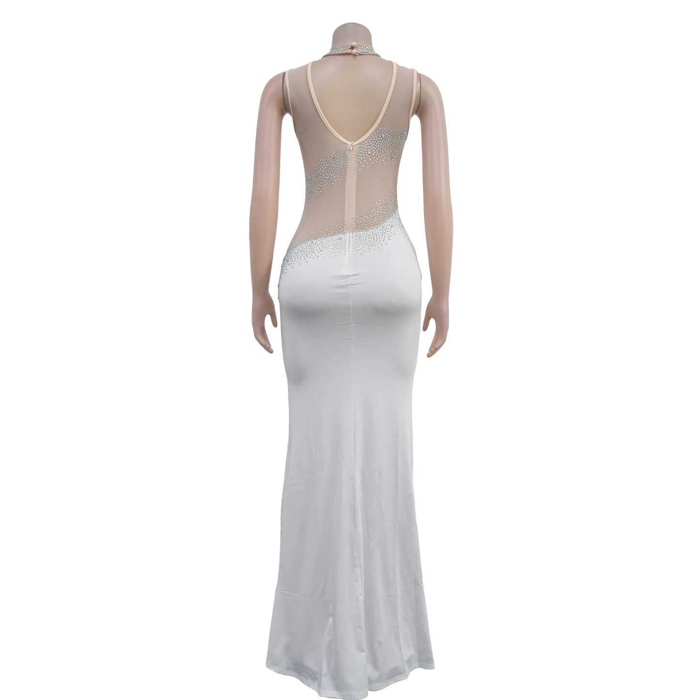 Elegant Crystal Diamonds Sleeveless Open Back See Through Dress