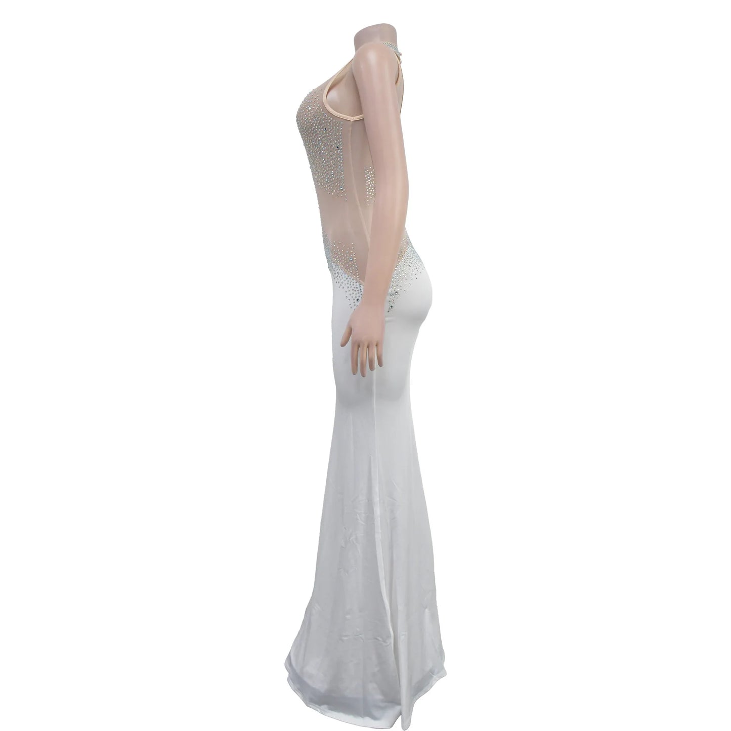 Elegant Crystal Diamonds Sleeveless Open Back See Through Dress