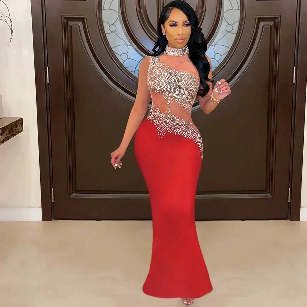 Elegant Sheer Mesh Crystal Diamonds One Sleeve Evening Dress