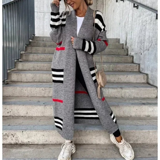 Winter Knitted Stripe Cardigan Long Sweater Coat