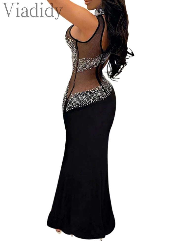 Elegant Crystal Diamonds Sleeveless Open Back See Through Dress
