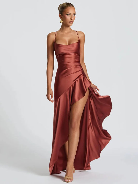 Elegant Spaghetti Strap Satin Split Maxi Dress