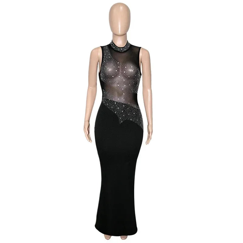 Elegant Crystal Diamonds Sleeveless Open Back See Through Dress