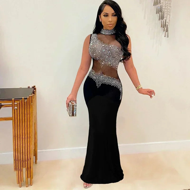 Elegant Crystal Diamonds Sleeveless Open Back See Through Dress