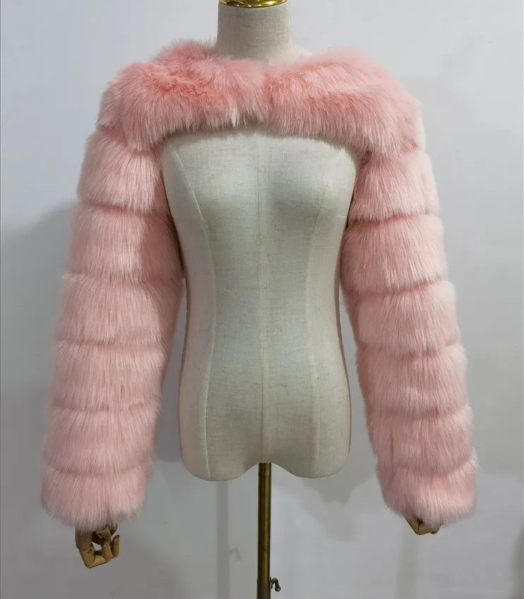 Faux Mink Long Sleeve Short Coat