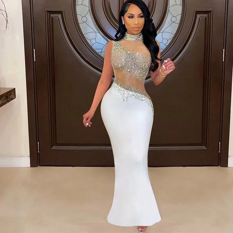 Elegant Crystal Diamonds Sleeveless Open Back See Through Dress