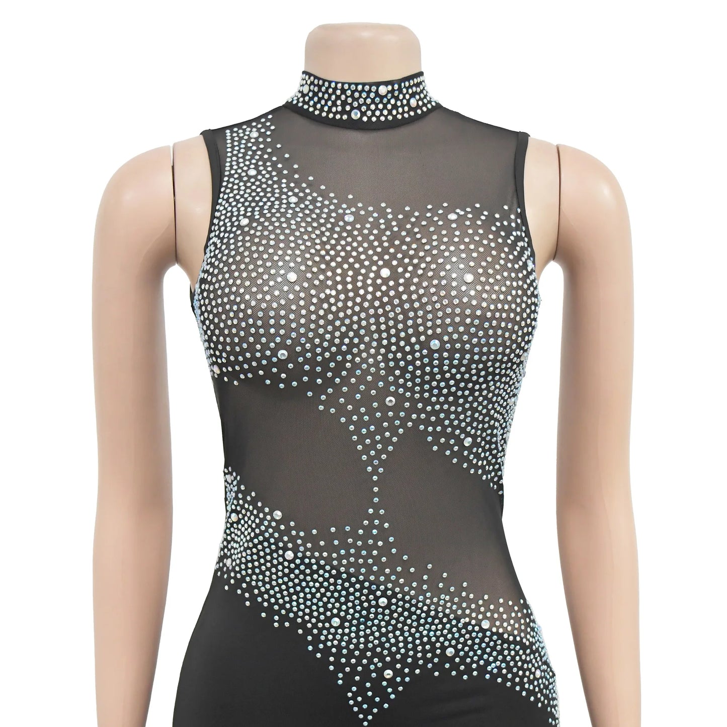 Elegant Crystal Diamonds Sleeveless Open Back See Through Dress