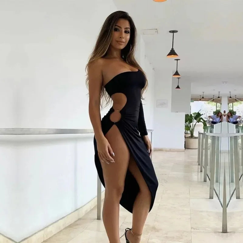 One Shoulder Hollow Out High Split Party Club Dress
