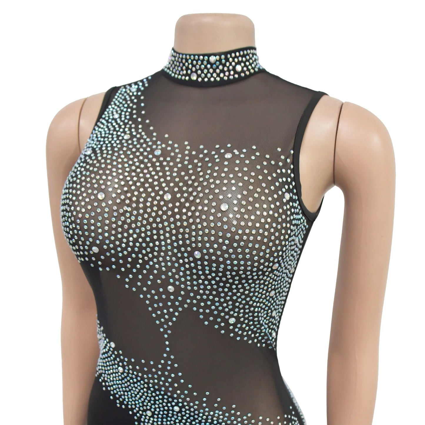 Elegant Crystal Diamonds Sleeveless Open Back See Through Dress