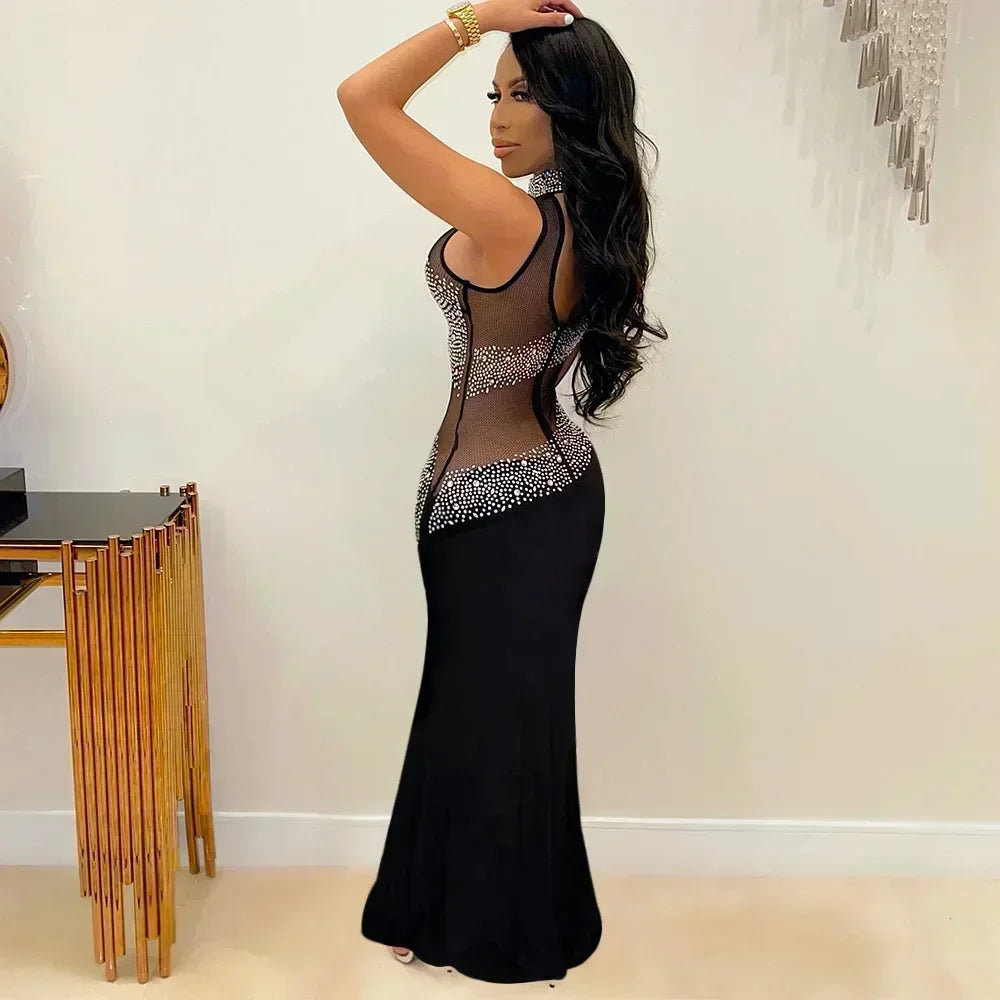Elegant Sheer Mesh Crystal Diamonds One Sleeve Evening Dress