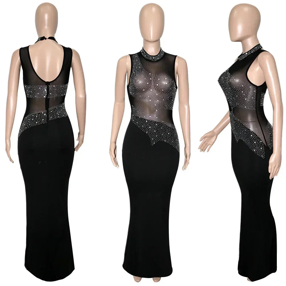 Elegant Sheer Mesh Crystal Diamonds One Sleeve Evening Dress