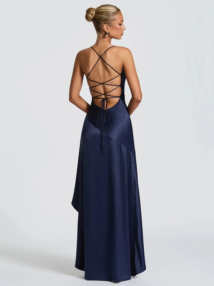 Elegant Spaghetti Strap Satin Split Maxi Dress