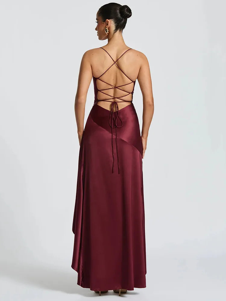 Elegant Spaghetti Strap Satin Split Maxi Dress