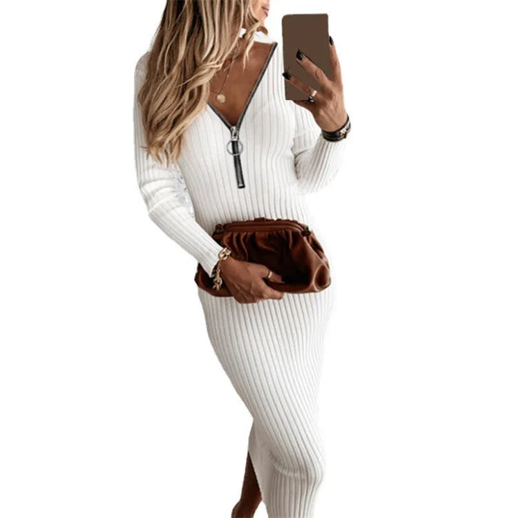 Long Sleeve Zipper Ribbed Knit Dress