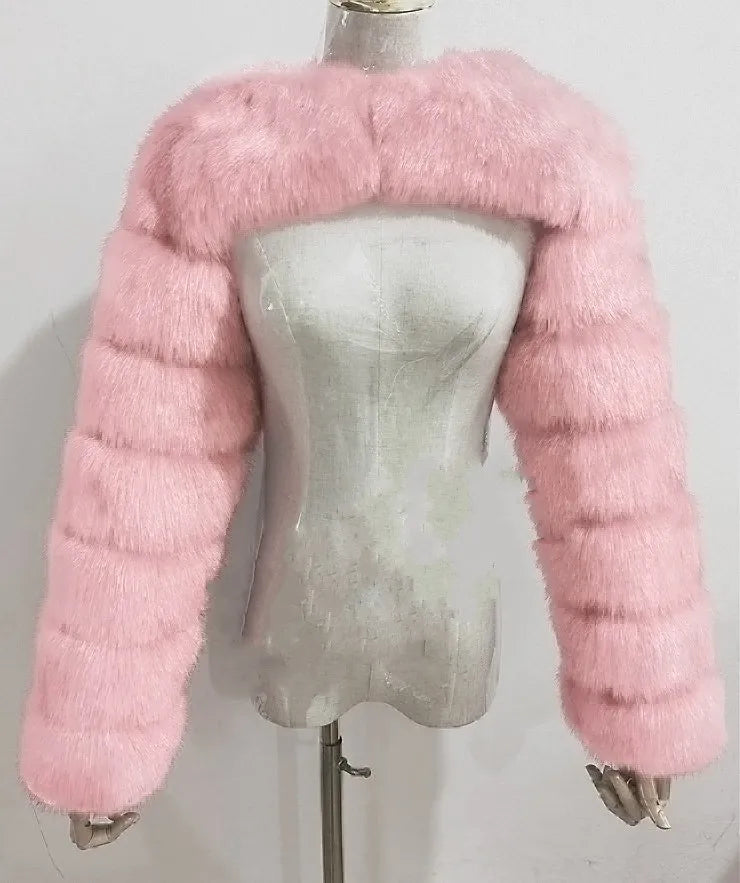 Faux Mink Long Sleeve Short Coat