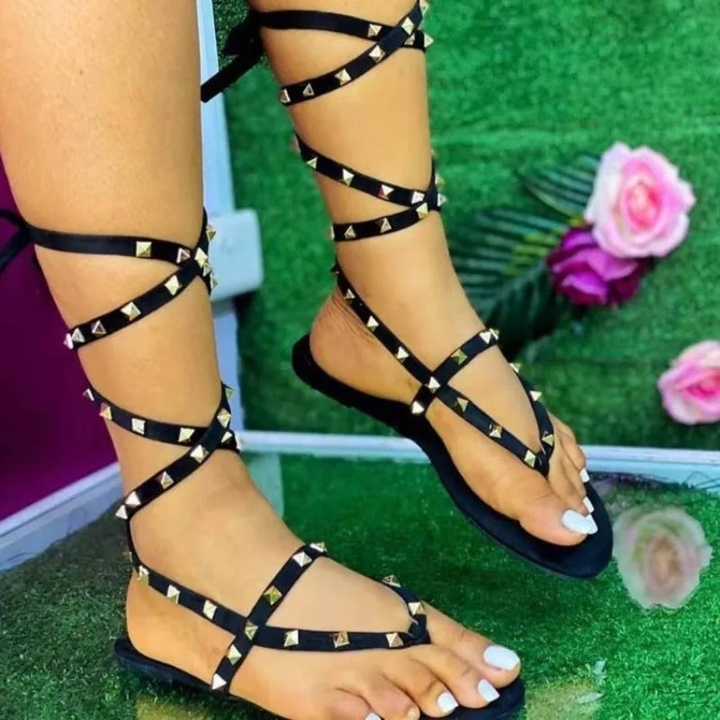 Women Gladiator Ankle Straps Thong Slides Rivet Sandals