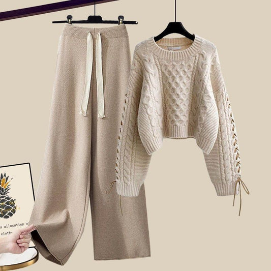 Fashion Knitted Sweater+Loose Wide Leg Pants Two-piece Set