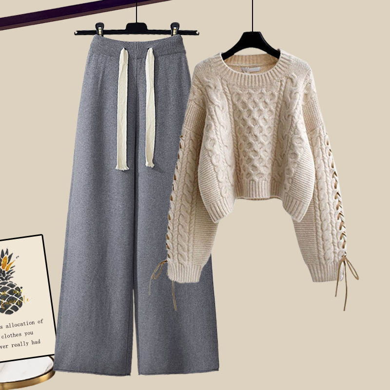 Fashion Knitted Sweater+Loose Wide Leg Pants Two-piece Set