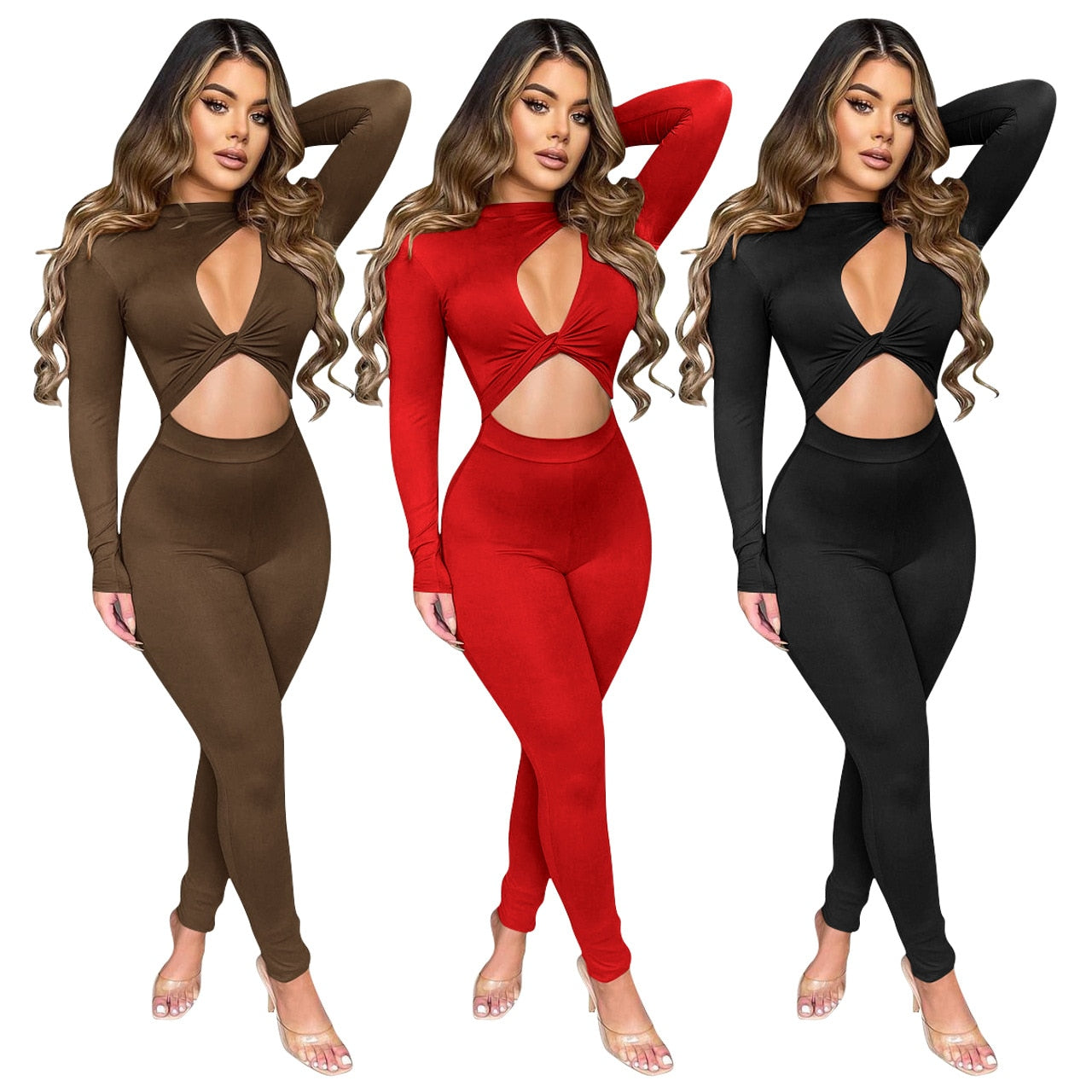 Long Sleeve Twist Rompers Jumpsuit Leggings