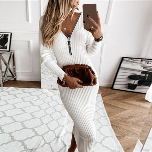 Long Sleeve Zipper Ribbed Knit Dress