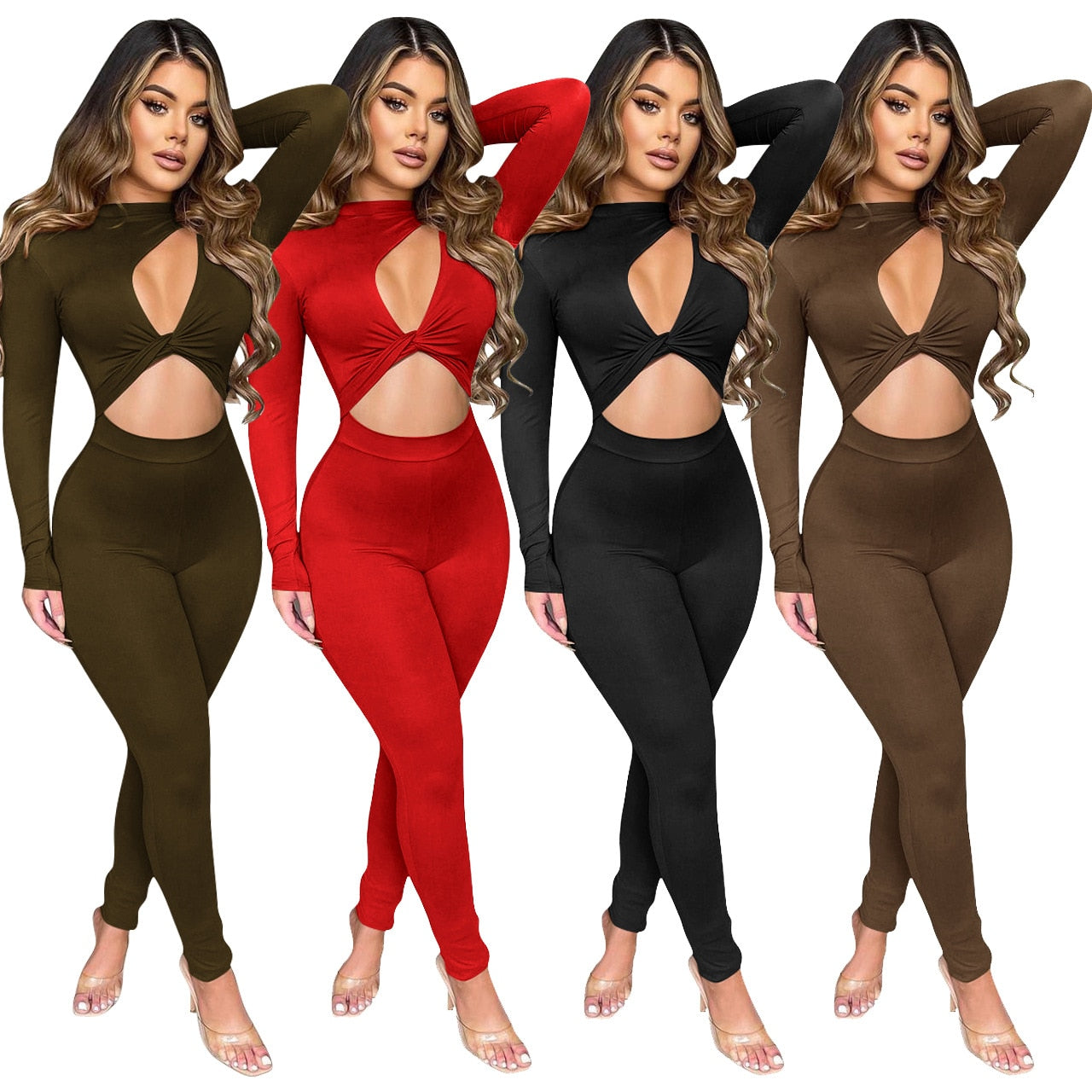 Long Sleeve Twist Rompers Jumpsuit Leggings