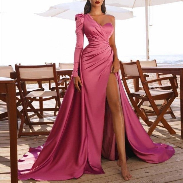 Elegant Dress Slit Long One Shoulder Tail