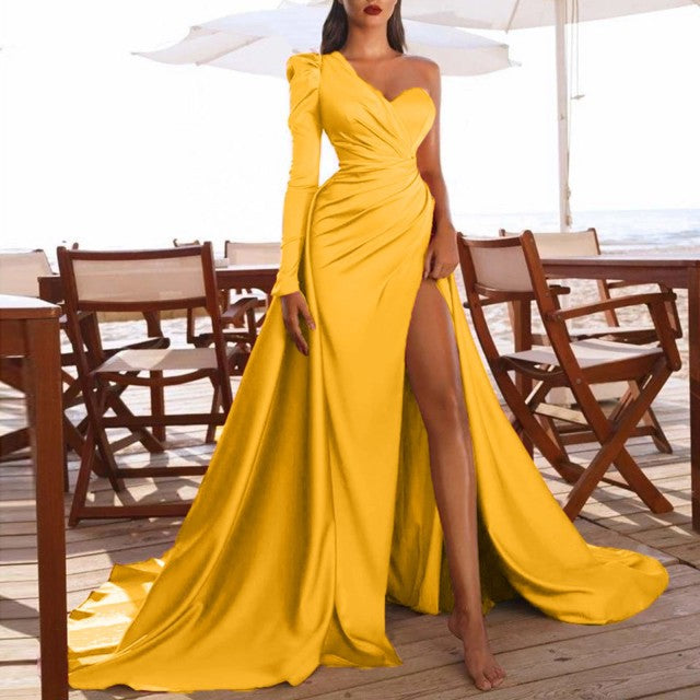 Elegant Dress Slit Long One Shoulder Tail