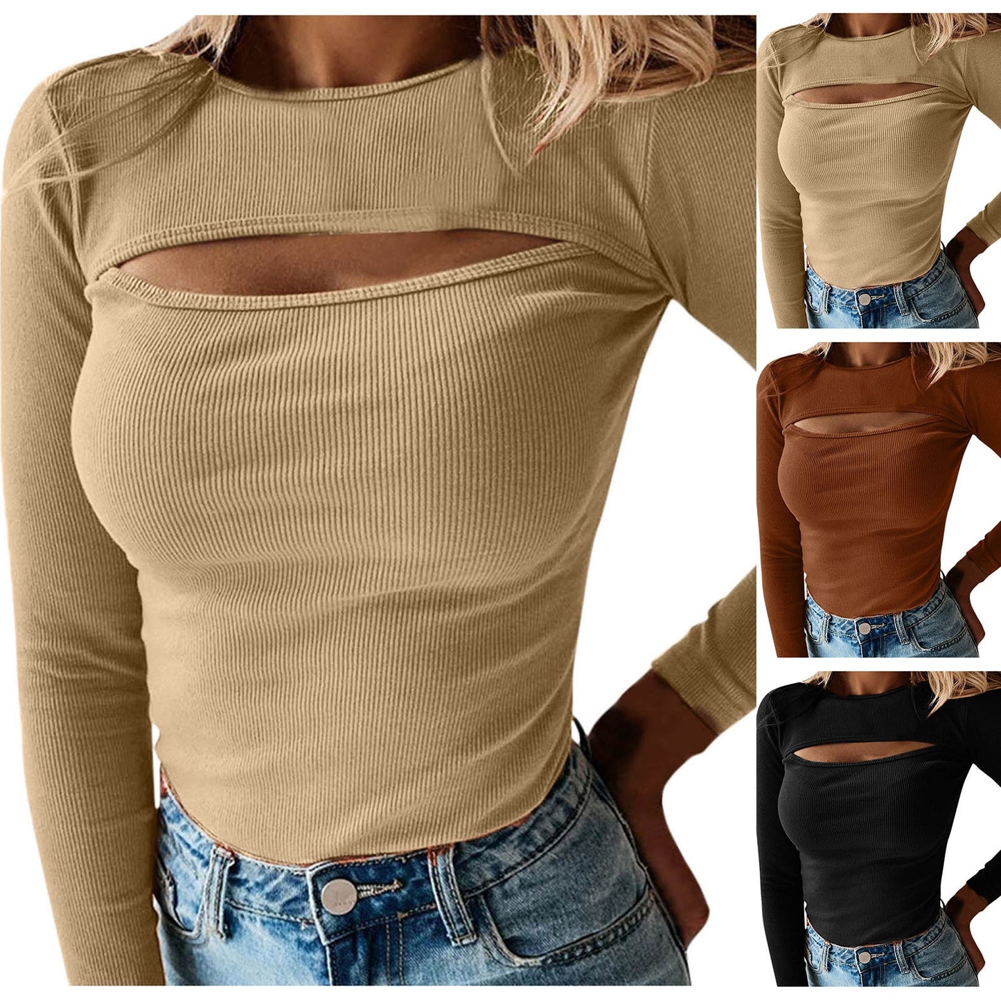 Solid Color Long Sleeve Slim Fit Cut Out Hollow Tops