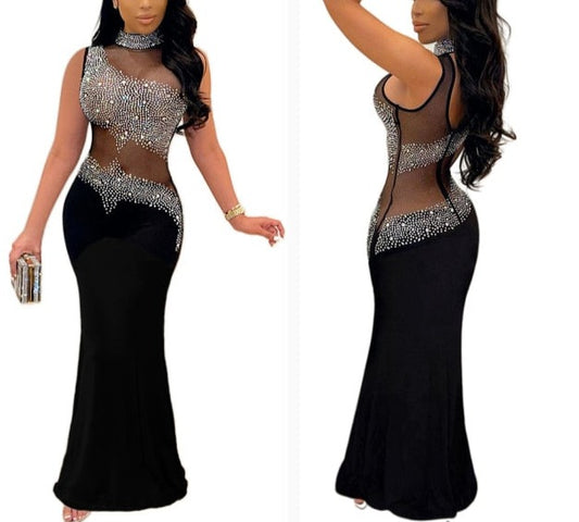 Elegant Crystal Diamonds Sleeveless Open Back See Through Dress